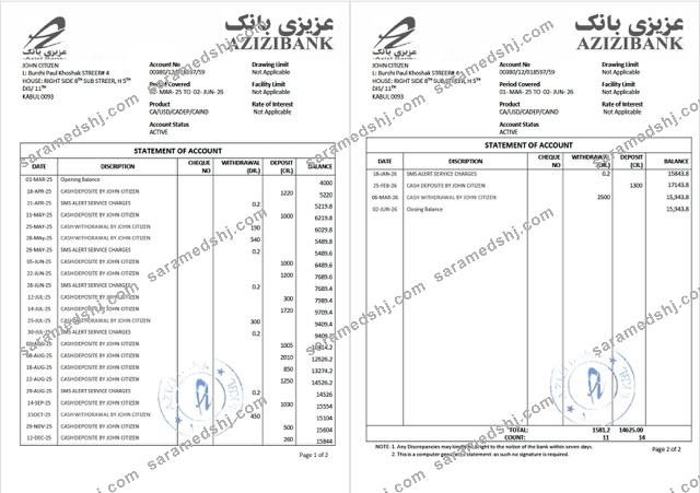 Afghanistan Azizi Bank statement of account Word and PDF template, 2 pages